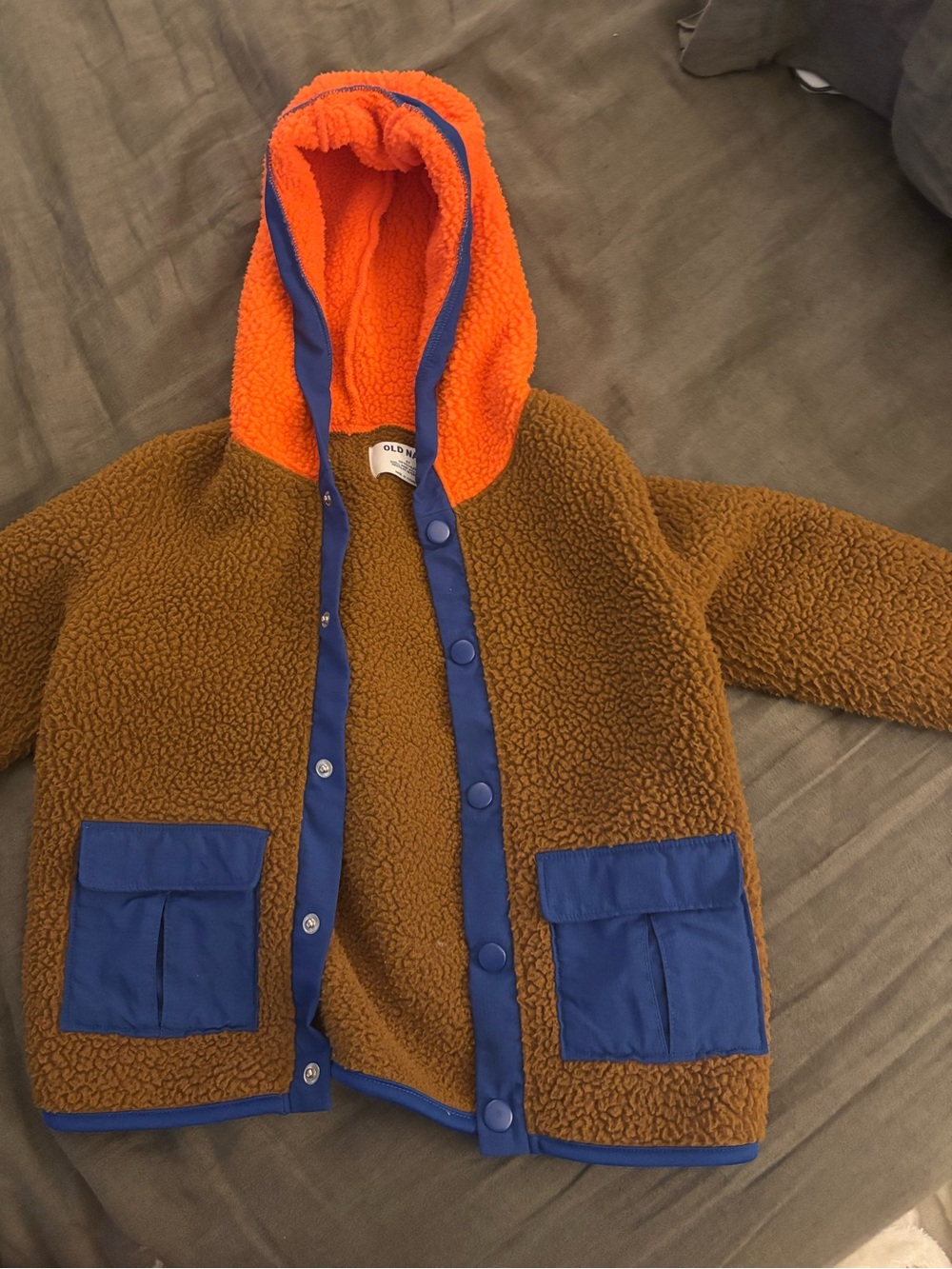 Old Navy Brown Teddy Sherpa Jacket with Orange Hood and Blue Trim